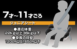 7才～11才ごろ　ジュニアシート　●適応体重 22kg以上36kg以下　●身長の目安 120cm以上145cm以下